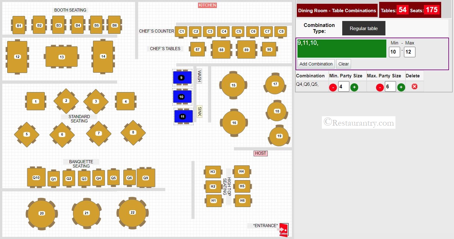 Combine tables for large party sizes.