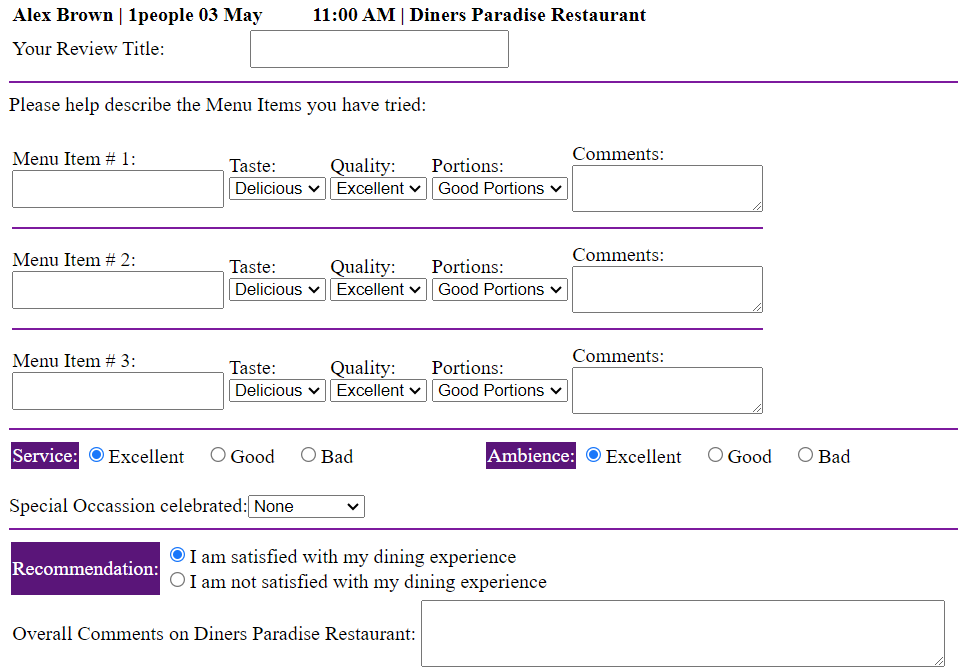 Restaurant feed back system