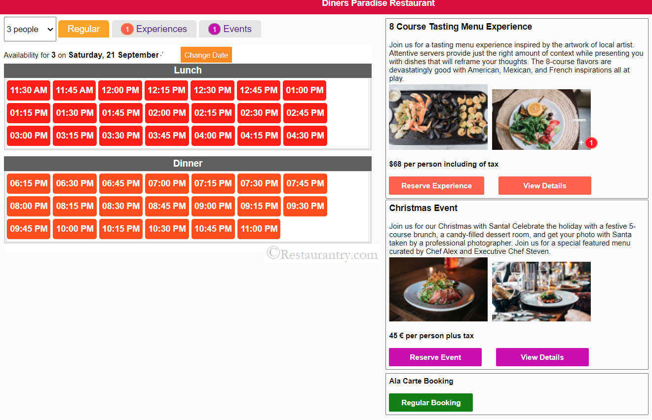 Experiences, Special Menus and Events booking