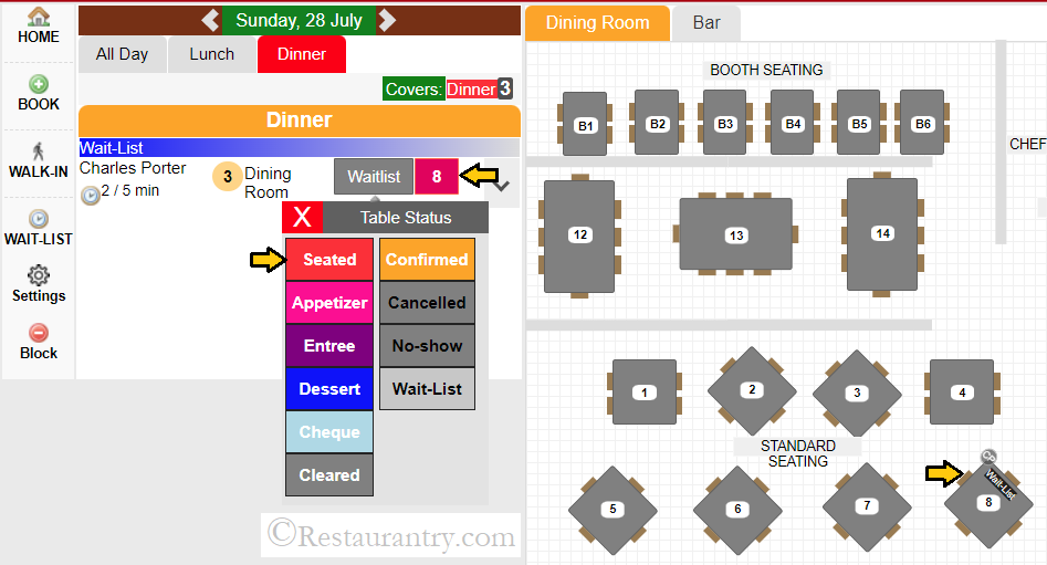 Wait list table assignment and status management